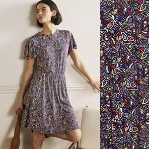Boden Size 4 Flutter Short Sleeve Jersey Dress Paisley Patterned Multicolor
